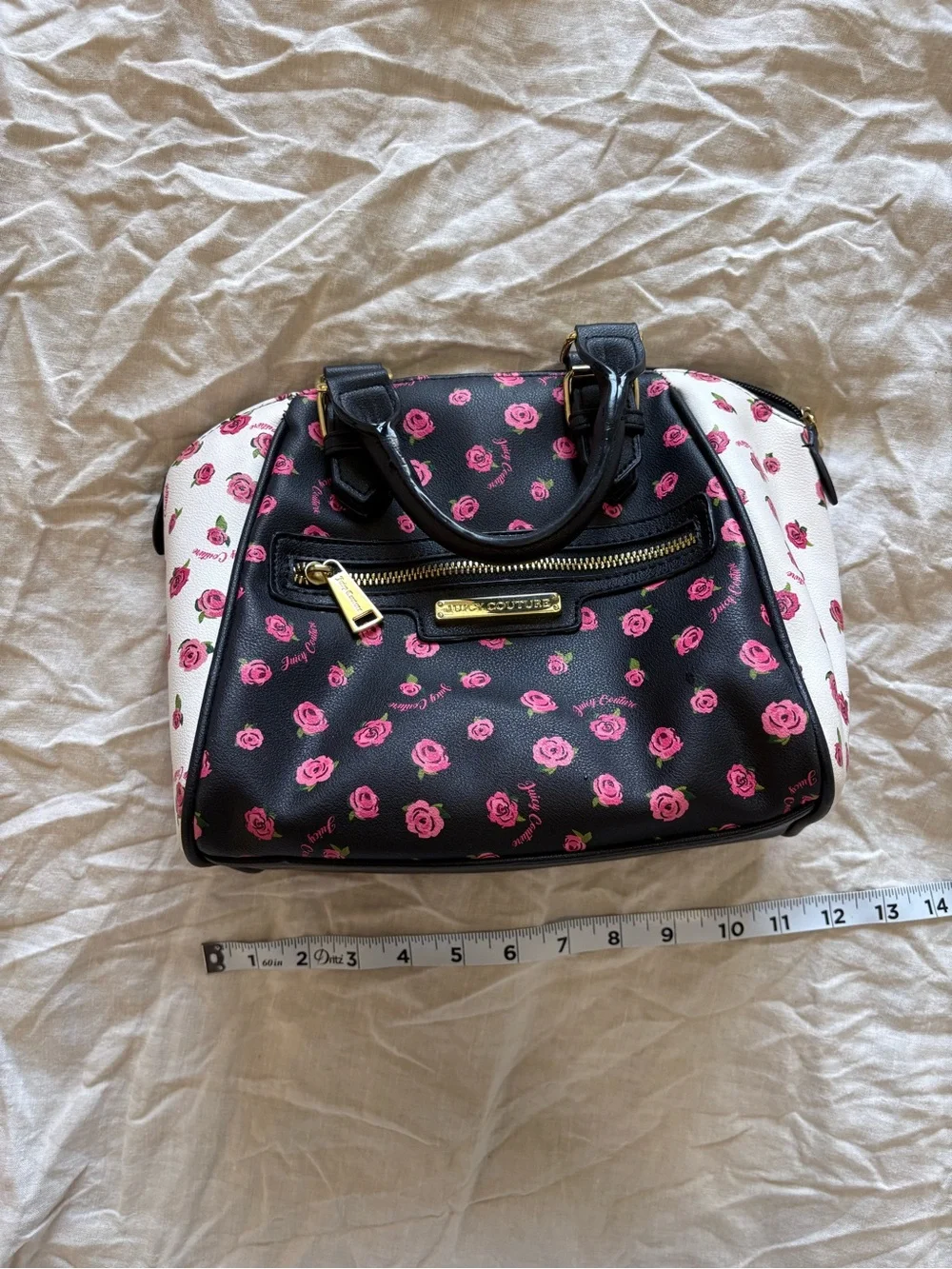 Juicy Couture Black and White Satchel Handbag with Pink Rose Floral Print